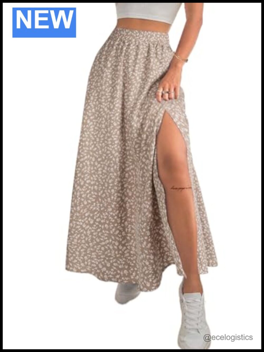 Boho Floral Maxi Skirt with Side Slit High Waisted